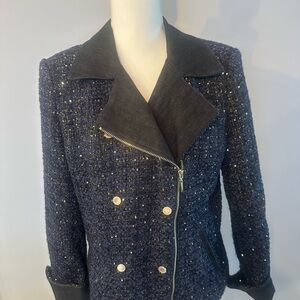 White House Black Market Navy Tweed Blazer with Black Details